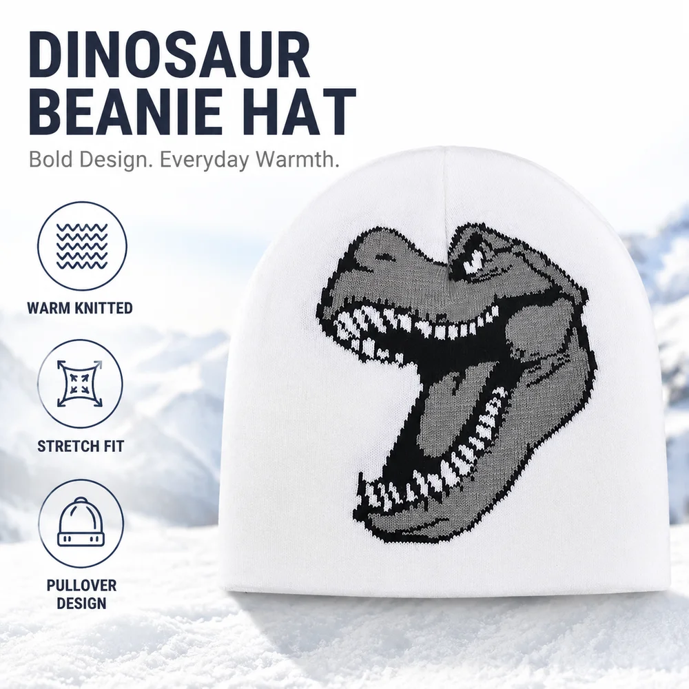 New Knitted Dinosaur Beanie Dinosaur Pattern Stretch Fit Knitted Beanie Hat Warm Pullover Pullover Knit Cap Daily Outfits