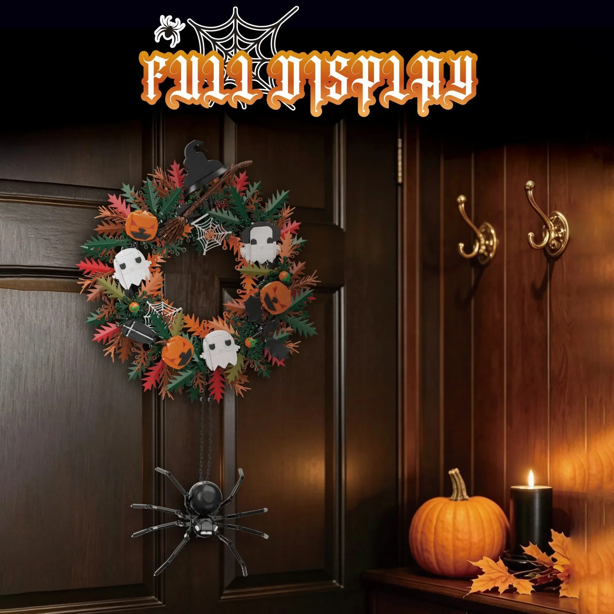 1211PCS Halloween Wreath Building Blocks Night Spider Shadow Pumpkin Ghost Witch Hat Model Home Door Hanging Decor Toy Gift