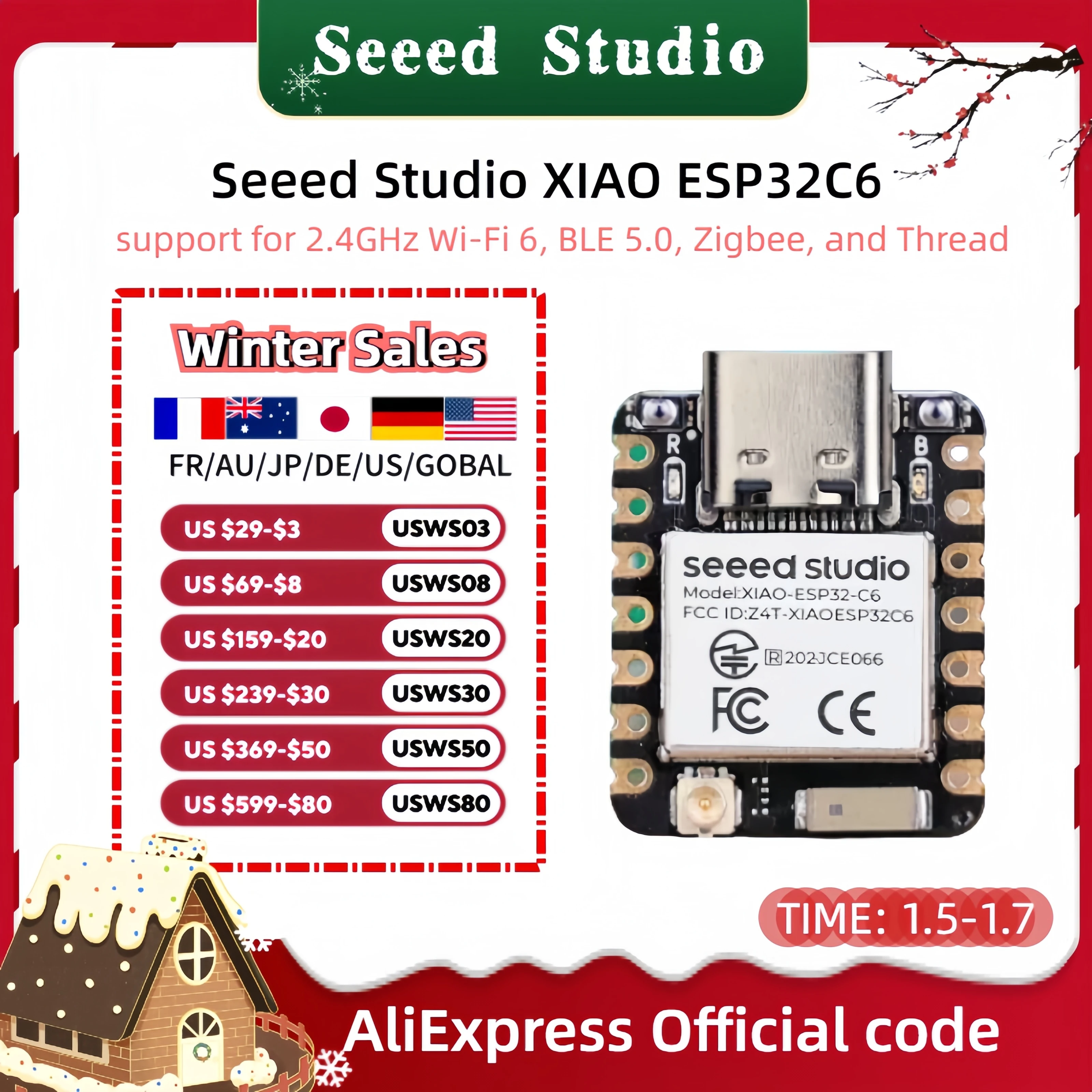 ESP32C6 mini development board XIAO esp32 c6-2.4 GHz WiFi6,BlE5.3,Zigbee Thread (802.15.4)ESP Rain Maker,AWS IoT,Microsoft Azure