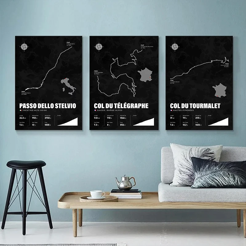 Cycling Climbs Dark Poster Print Alpe D Huez France Map Canvas Printing Wall Art Decor Bike Cycling Race Home Room Decoration