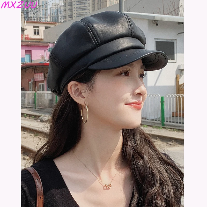 Women Real Sheepskin Peaked Caps Fashion Literary Berets Newsboy Painter Octagonal Hats British Retro All-match Casquette Femme