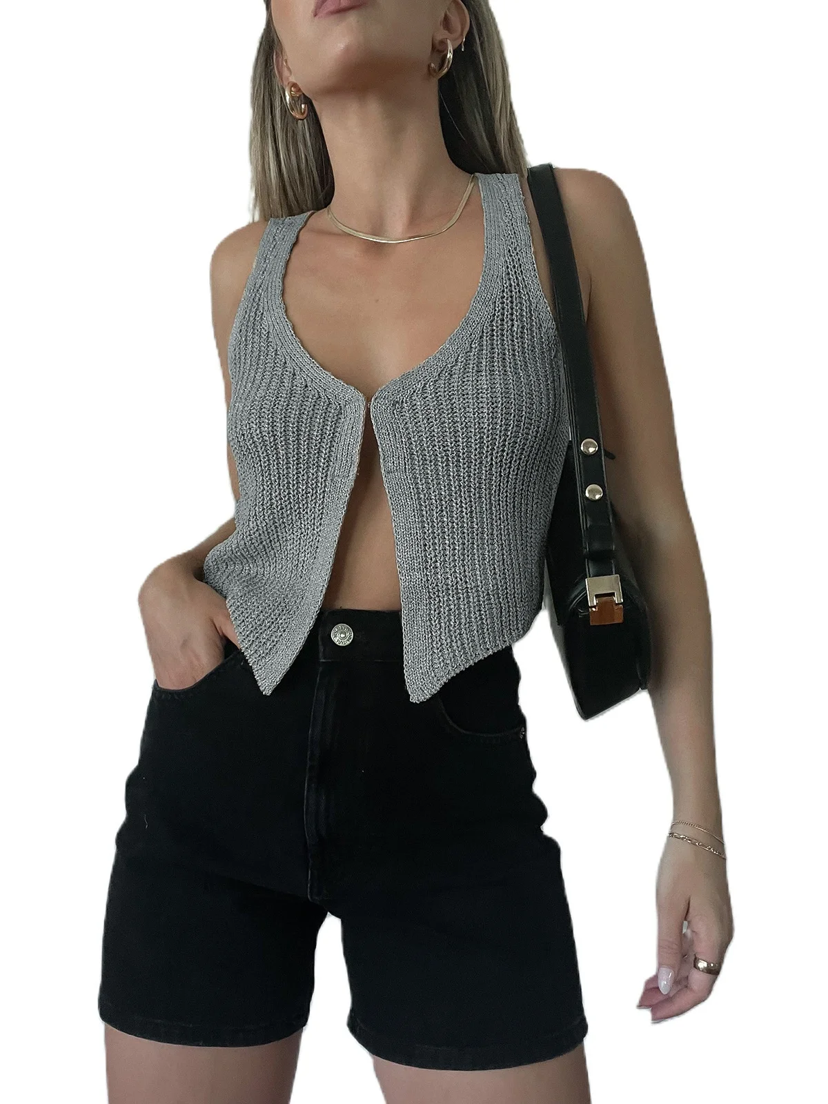

Street Style Sexy Low Cut Knitted Cardigan Vest V Neck Warmth Medium Regular Length Dark Button Closure Other Material 100%