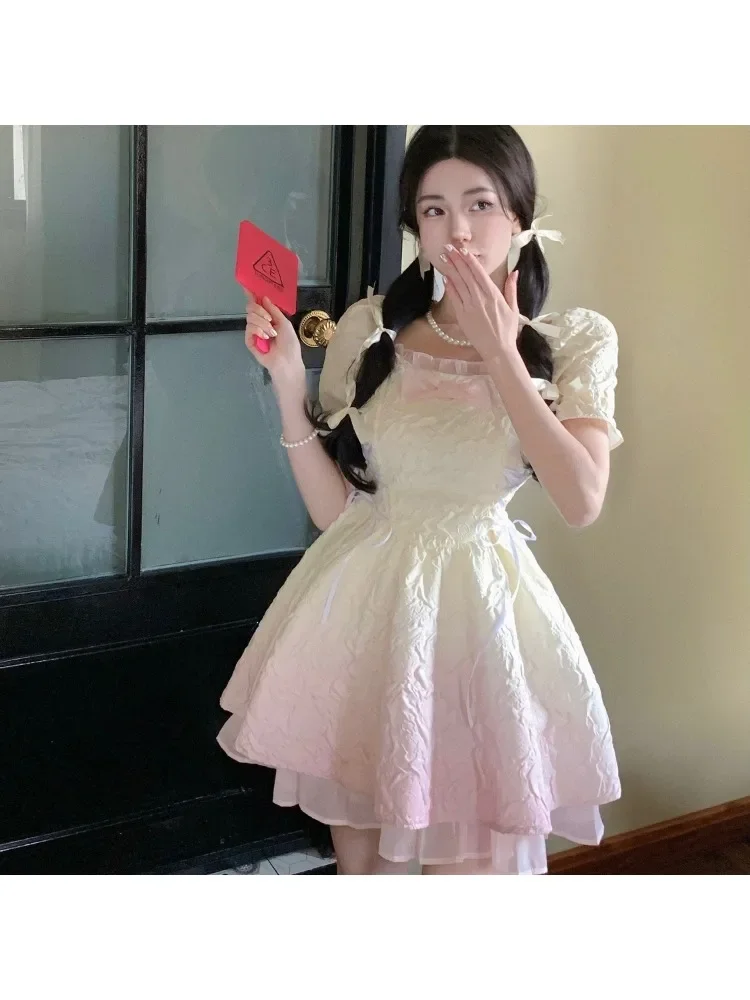 Kawaii Lolita Mini Jurk Vrouwen Zoete Gardient Kleur Boog Bladerdeeg Mouw Taille Een Lijn Prinses Jurken Fairy Party Vestidos