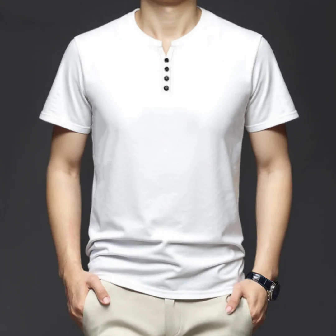 

Summer Men Short Sleeved Button Round Neck Slim Fit Elastic Breathable Workwear Business Casual Daily T-shirt Solid Color Versat