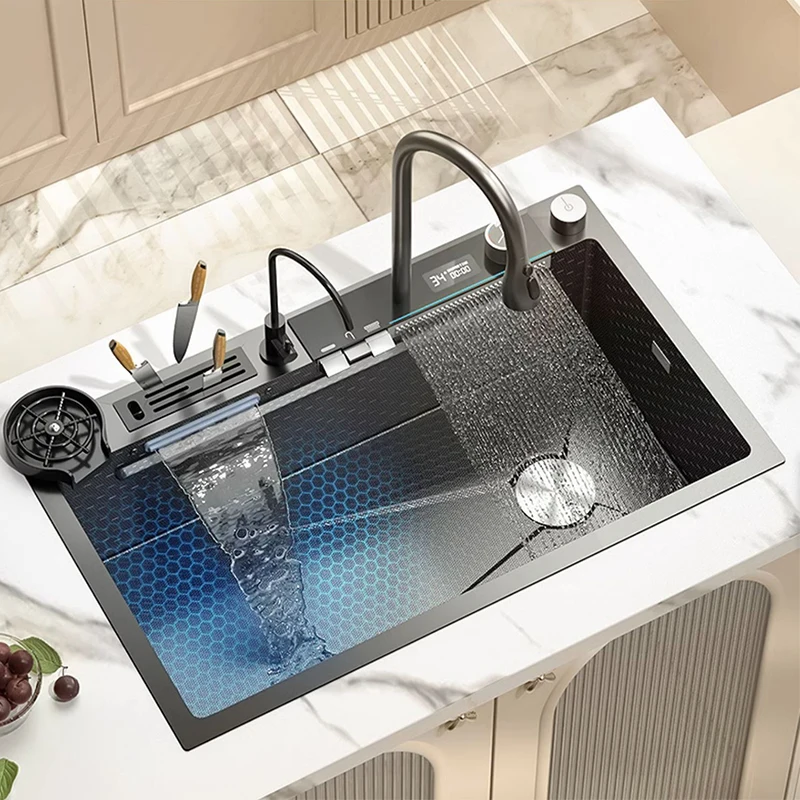 

Digital Display Waterfall Kitchen Sink Stainless Steel Large Single-Slot Honeycomb Multifunctional Kitchen Sinks