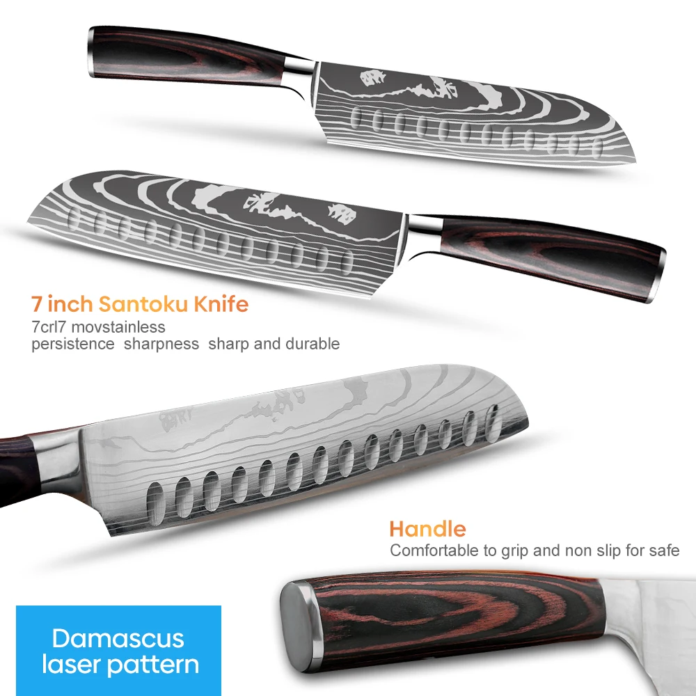 MDHAND 7 Inch Santoku Knife Laser Damascus Stainless Steel Kitchen Knives Professional Chef Knife Full Tang Slicing knife