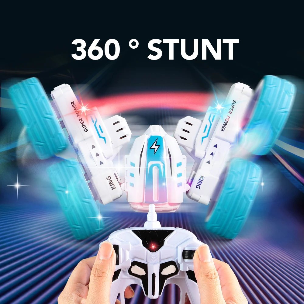 1 PC 2.4G deformed flower double-sided tumbling stunt remote control car 360°rotating LED light children\'s toy car birthday gift