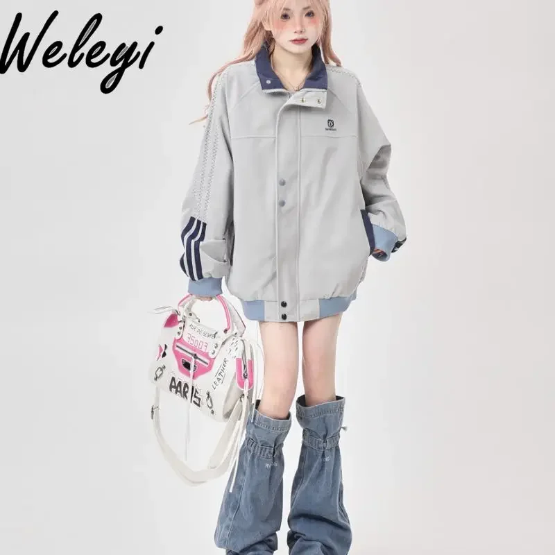 American Retro Oversize Light Blue Coat Female Spring and Autumn New Men's and Women's Loose Splicing Design Stand Collar Jacket