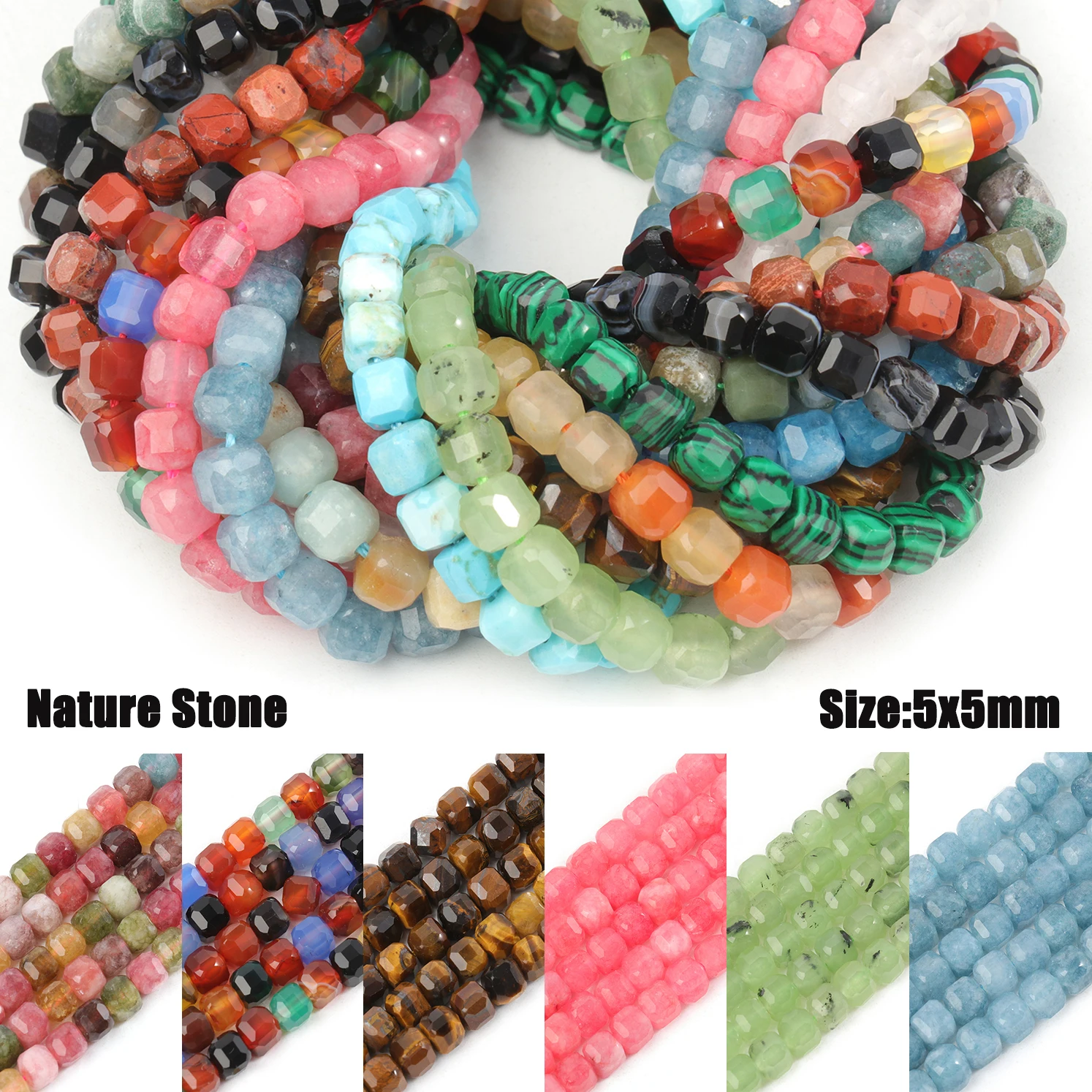 A+ 5mm Faceted Natural Stone Amazonite Agate Sunstone Tourmaline Square Cube Beads For Jewelry Making DIY Bracelets Accessories