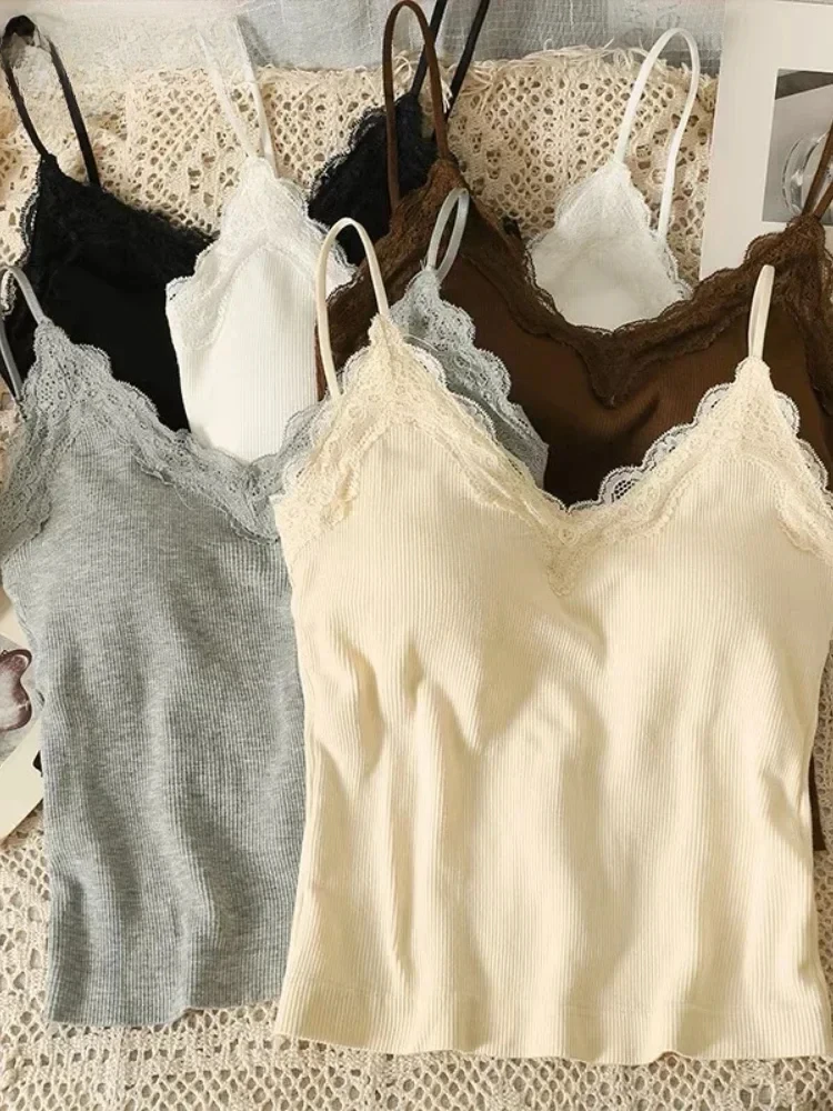 

2024 Summer New Korean Fashion Women's Lace Tank Top Sleeveless Off Shoulder with Chest Pad Bottoming Top Casual Crop Corset Top