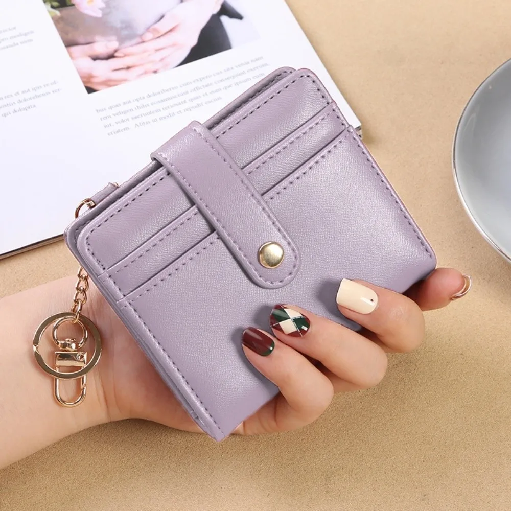 

Card Holder Short Trifold Wallet PU Leather Multifunction Hangging Card Bag Portable with Keychain Pocket Purse Outdoor