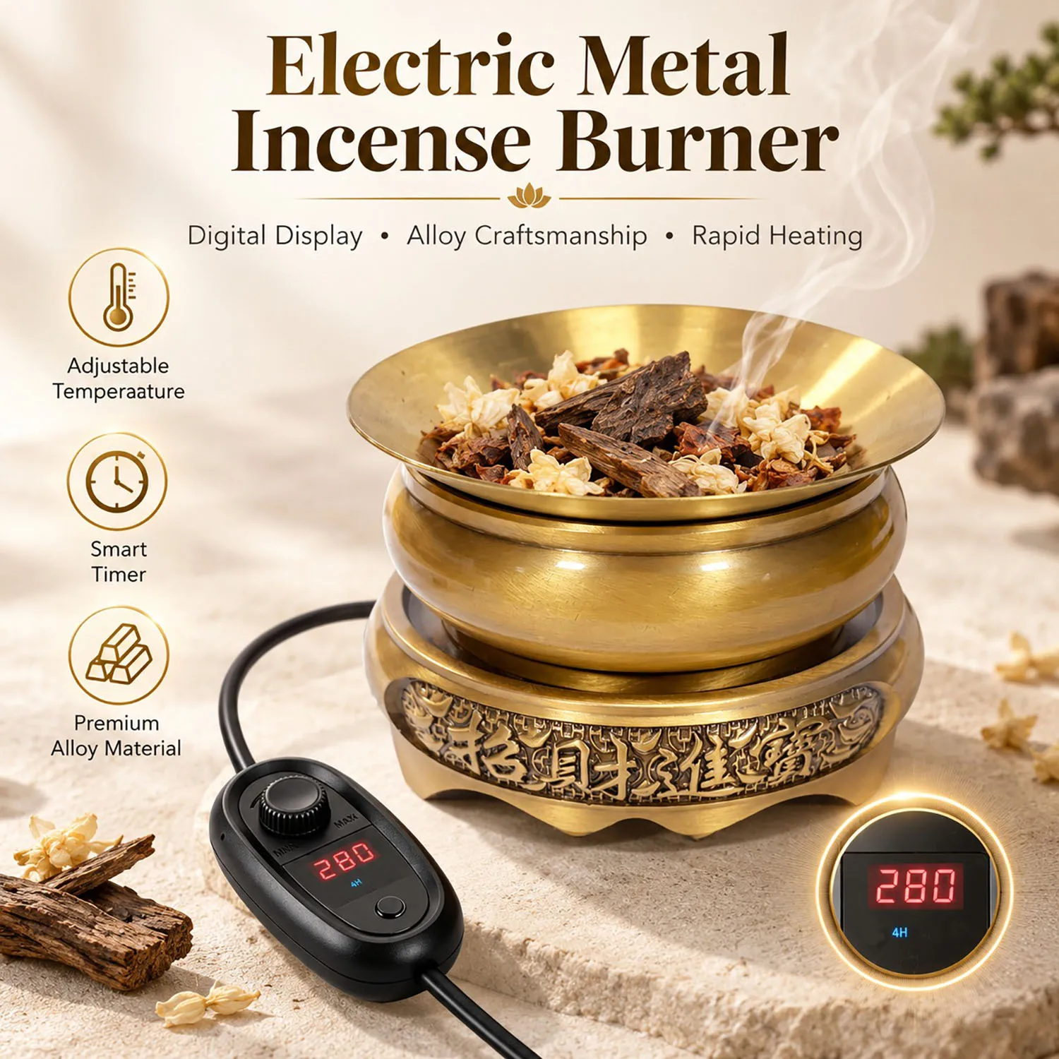Electric Incense Burner Adjustable Temp & Timer Bakhoor Burner Detachable Metal Essential Oil Burner Agarwood Resin Burner