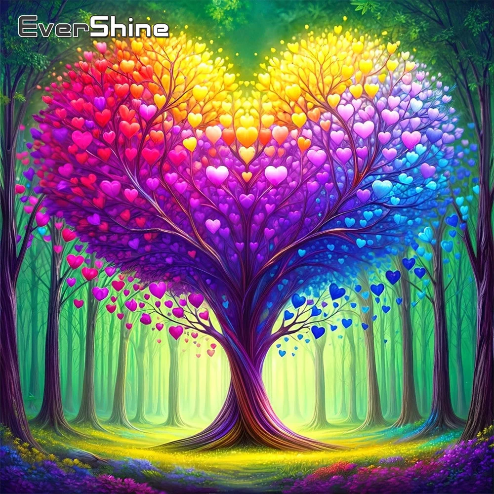 EverShine Vollquadratische Runde Diamant-Stickerei Baum-Bild Strass-Mosaik Landschaftsgemälde Liebesherz Handgemachtes Geschenk