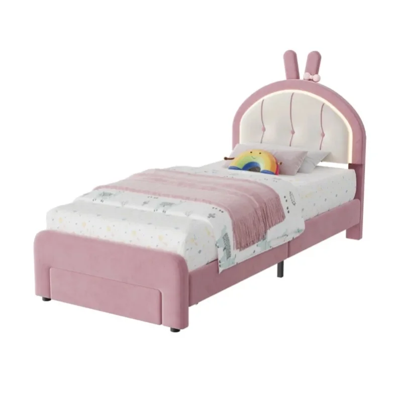 Gepolstertes Kinderbett, 90 x 200 cm, Prinzessinnenbett, Einzelbett mit verstellbarem Kopfteil und Lattenrost für Kinder & Mädchen, Samt Rosa, ohne Matratze (Pink Rabbit, 90X200)