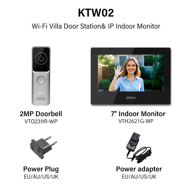 Dahua 2MP WiFi Video Intercom Kit Smart Home HD Doorbell & Indoor Monitor Set IR Night Vision PoE KTW02 VTO2311R-WP VTH2621G-WP