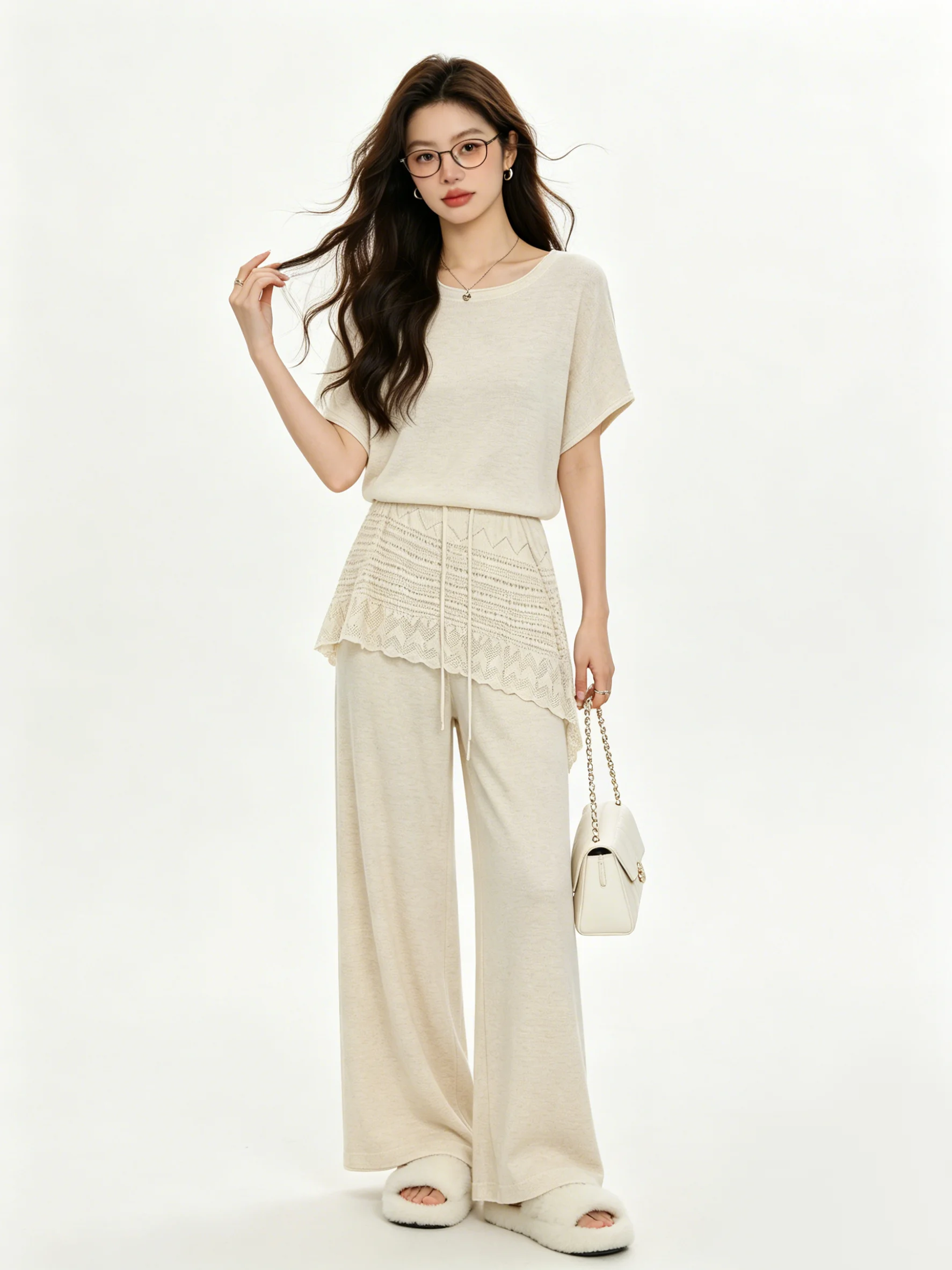 

Spring Summer Two-Piece Set Light Beige Gentle Wind V-Neck Short Sleeve T-Shirt Asymmetrical Hem Casual Wide Leg Pants