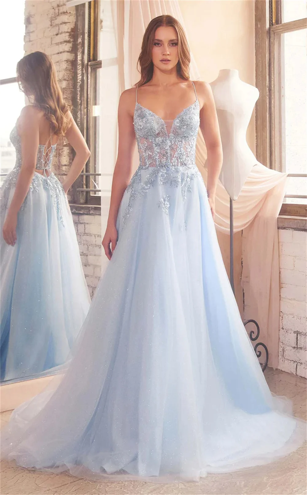 Cathy Sky Blue Lace Appliques Prom Dressess A-line Tulle Vestidos De Noche Elegant Spaghetti Strap Sleeveless Cocktail Party