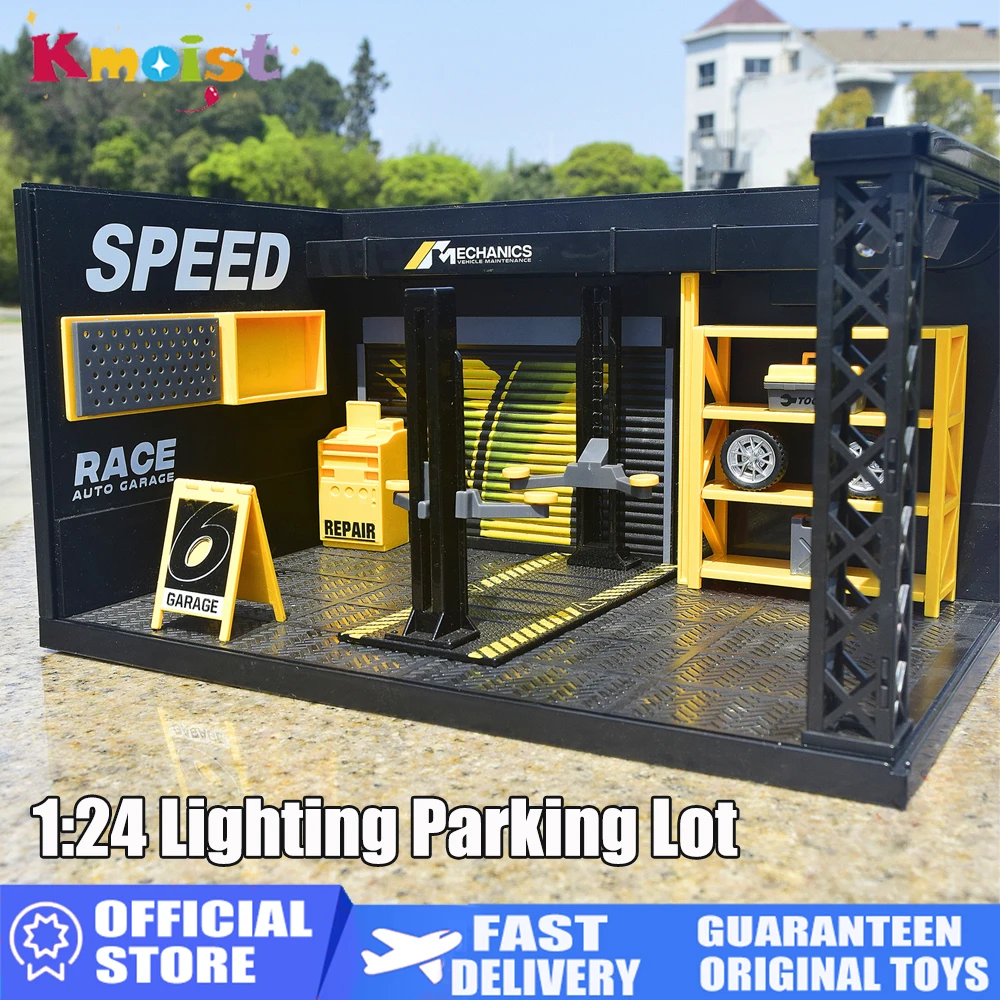 

1/24 Parking Lot Display Decoration Simulation Models Exquisite Alloy Assembly Repair Shop Diecast Garage With Light Toys Gift