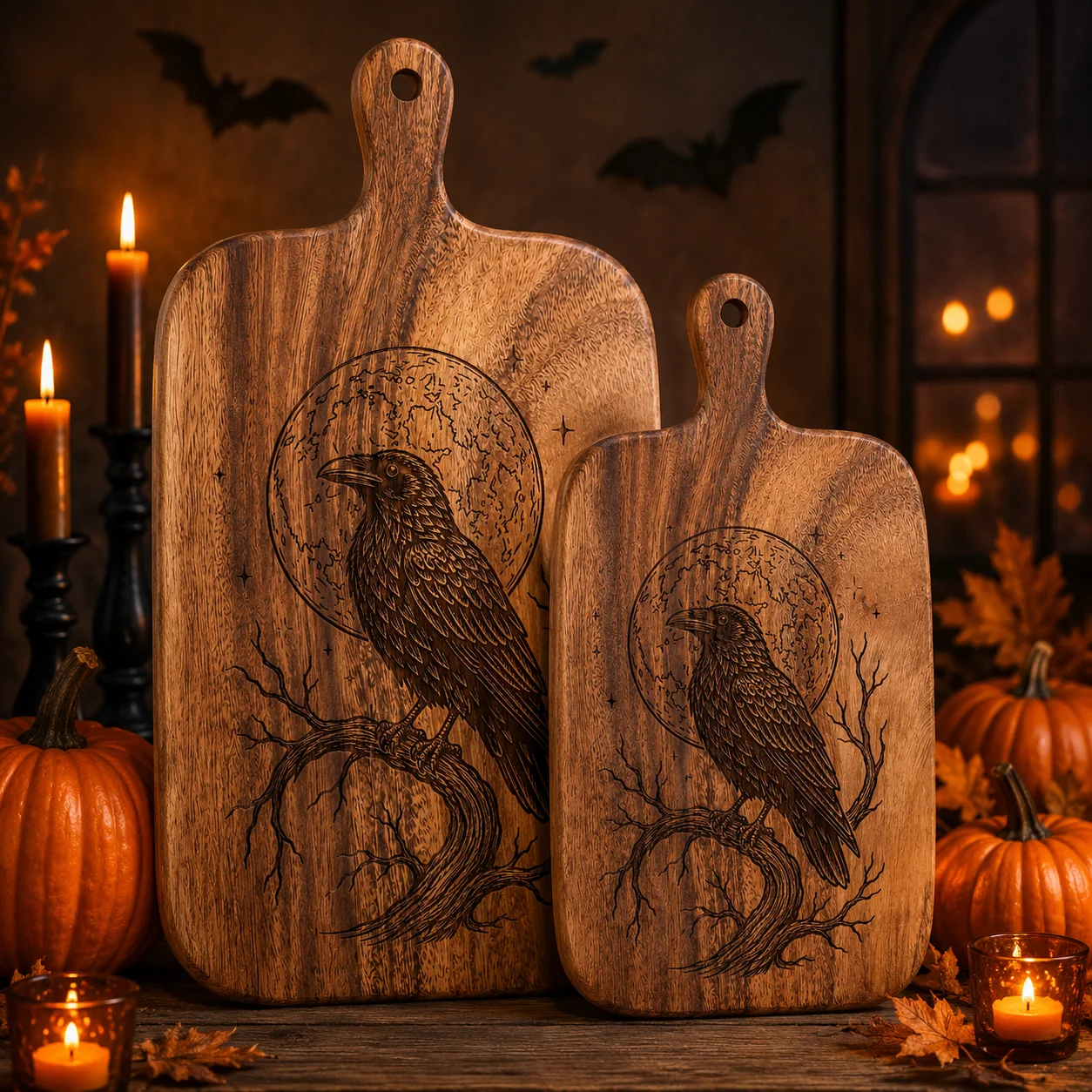 2Pcs/1Pc Halloween Wooden Carved Cutting Board Artistic Carved Steak Board Tabletop Decorative Cutting Board Stylish Long Handle, Made of Solid Wood, Used for Cutting Meat, Cheese, Bread, Vegetables, and Fruits - Deli Board, Cheese Serving Board, Perfect for Food Slicing and Presentation, Portable Camping Cutting Board, a Must-Have for Modern Home and Country Kitchens Mother's Day Gifts, Wedding Season Kitchen Supplies