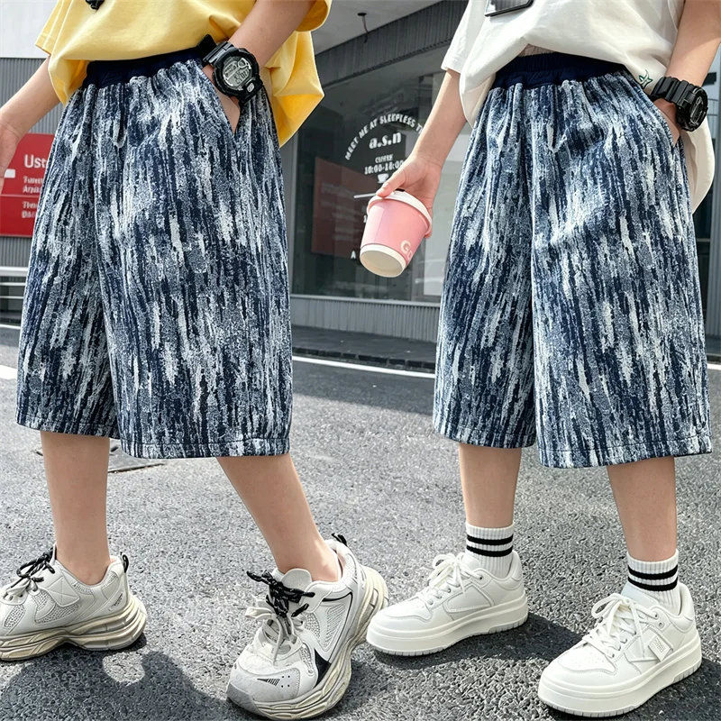 

Tweens Boys Fashion Ink Wash Painting Shorts New Summer Teenage Child Loose Sport Korean Casual Shorts Kids Capri Pants 5-14Yrs