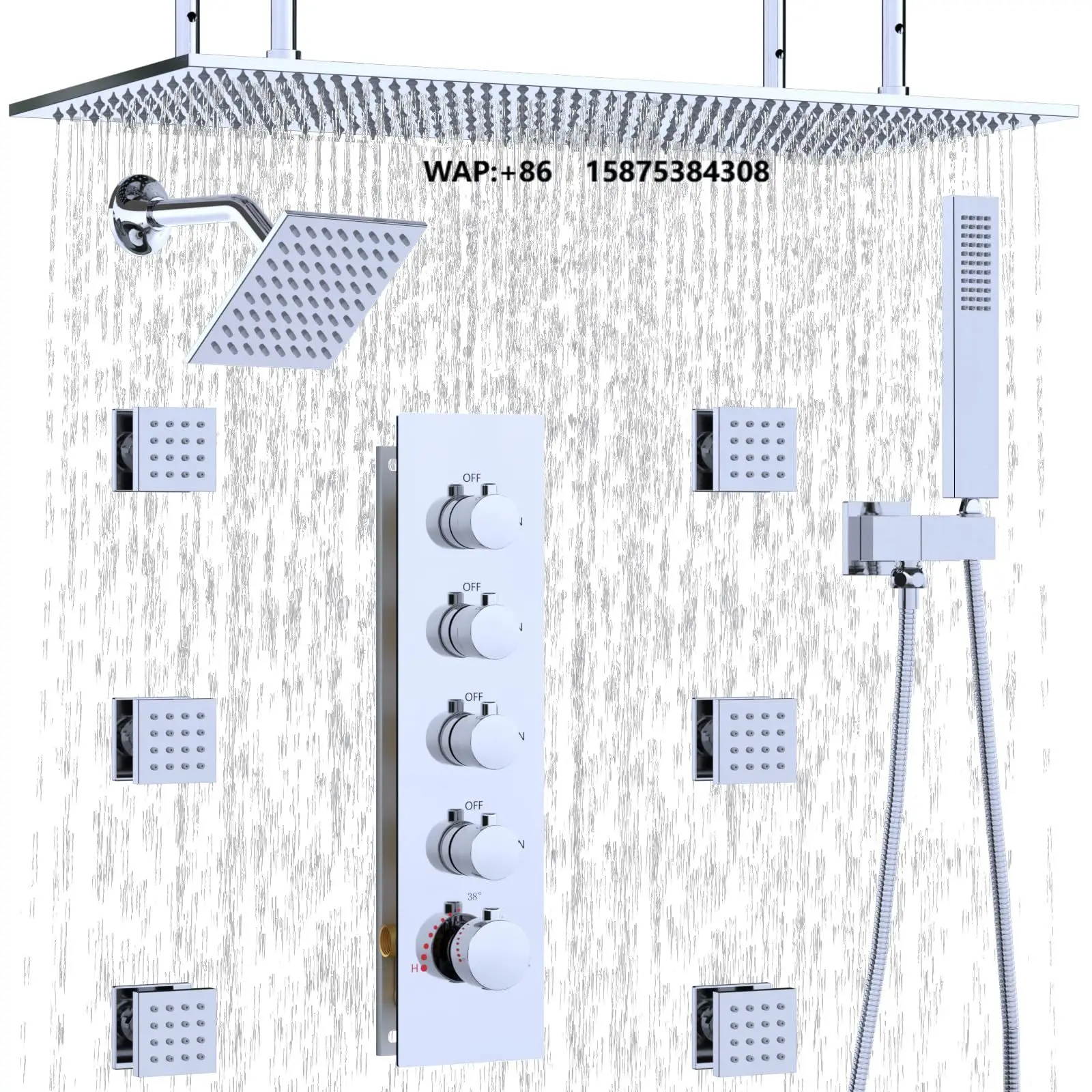 Chrome Stainless Steel Shower System with Dual Shower Heads 6 Pcs  Handheld Body Jets  Bathroom Shower Set
