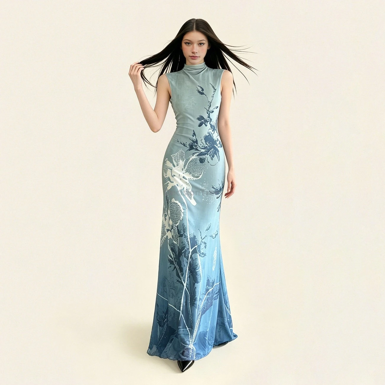 New Chinese-style retro luxury printed high-neck mesh qipao dress vintage waist-cinching women's daily Slim dress Stretch fabric
