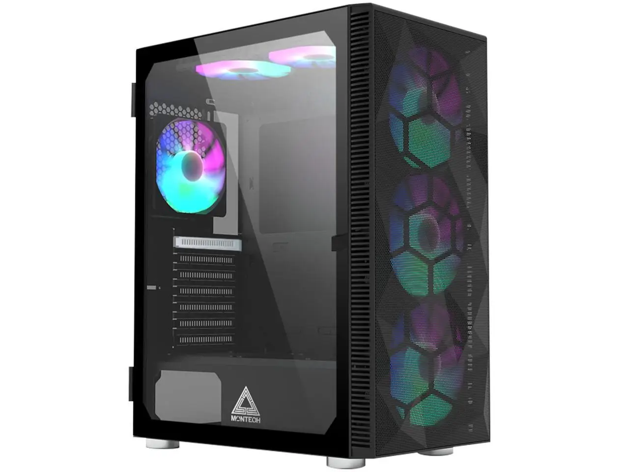 Montech X3 Mesh, 3 x 140mm& 3 x 120mm Fixed RGB Lighting Fans (Pre-Installed) ATX Mid-Tower PC Gaming Case, USB3.0, Door Open Tempered Glass Side Panel, High Airflow, Black