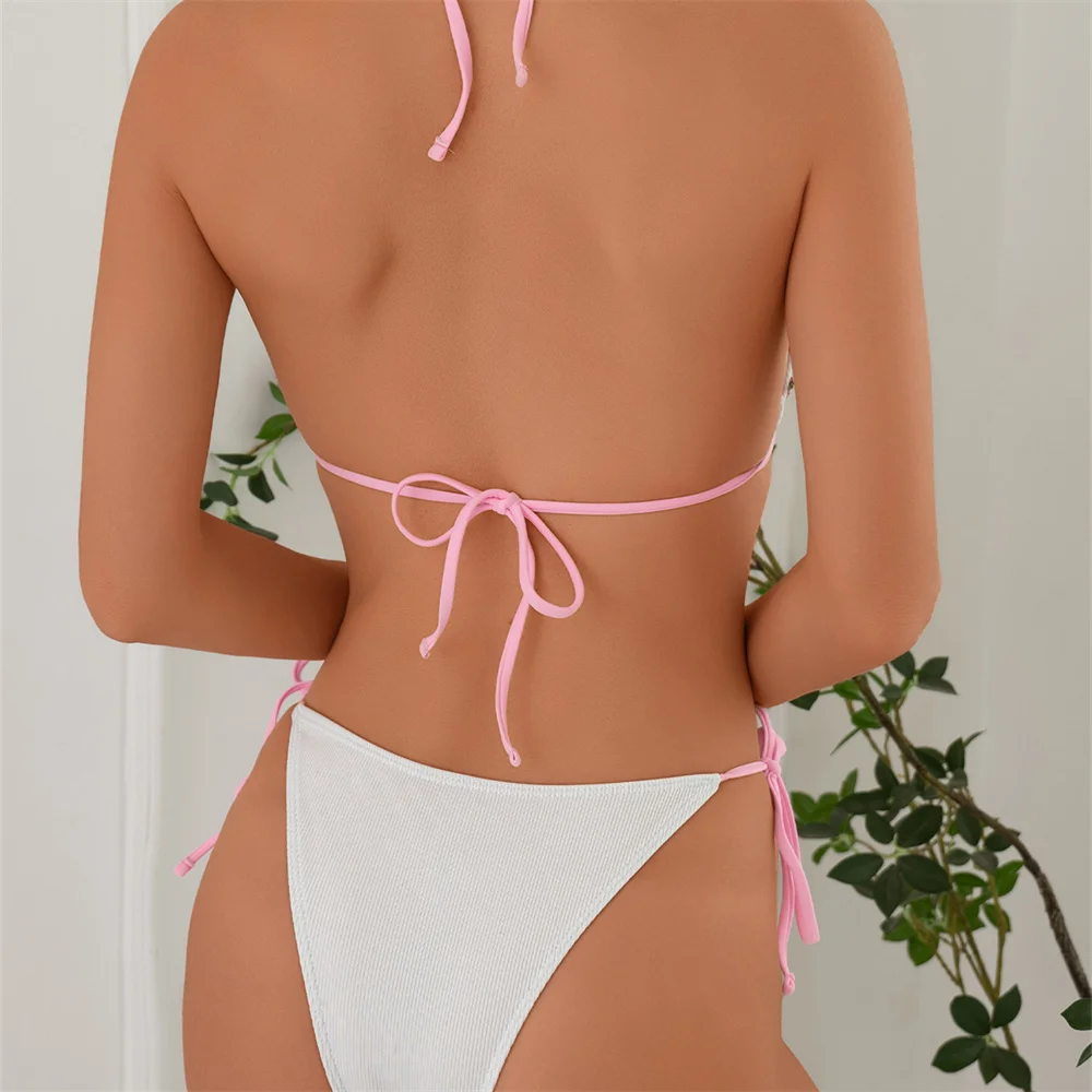 Cute Floral Border Bikini Triangle String Backless Swimsuit Push Up Biquini Halter Knotted Swimwear Women Beach Rib Bathing Suit