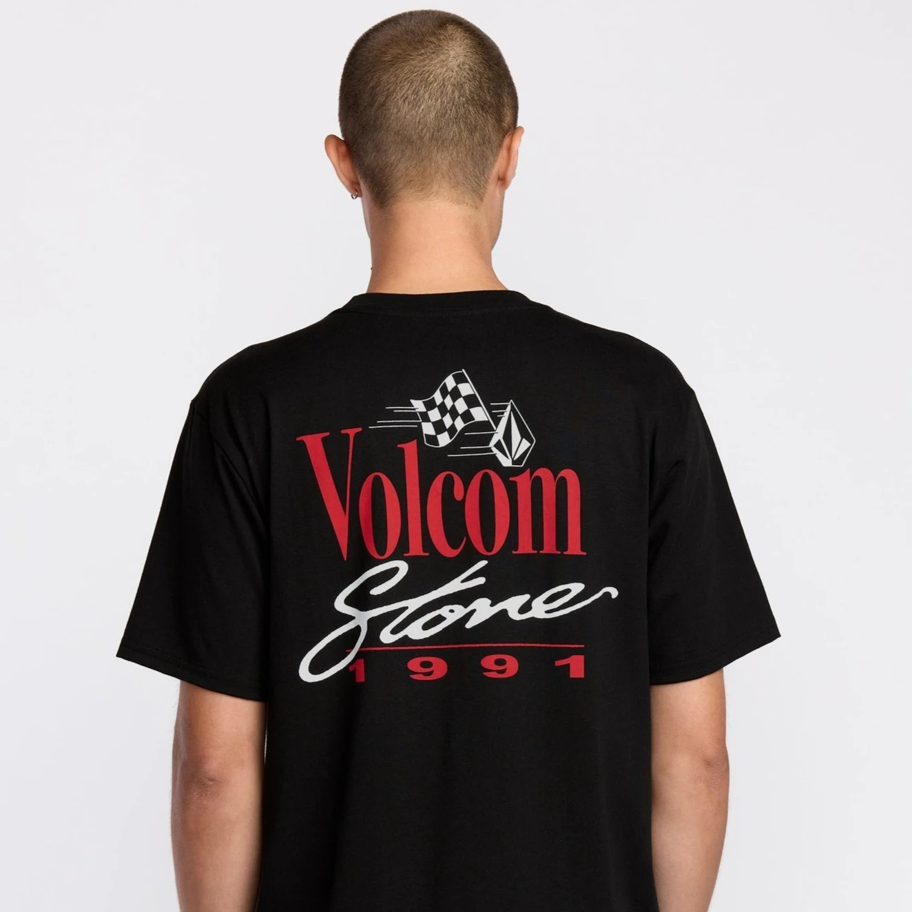 2026 New Volcom Vintage 1991 Checkered Flag Skateboard T Shirt Oversized Unisex Streetwear Racing Flag Retro Skate Graphic Tee