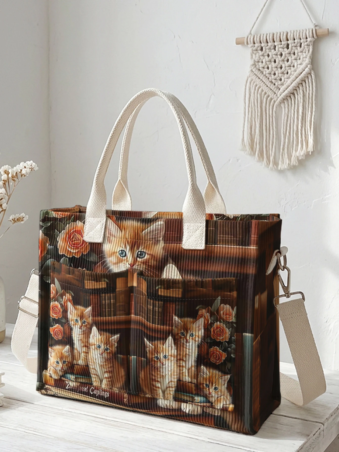 3D Orange Tabby Cat & Rose Print Corduroy Tote Bag Large Capacity Multi Pocket Cat Lover Commuter Shoulder Bag