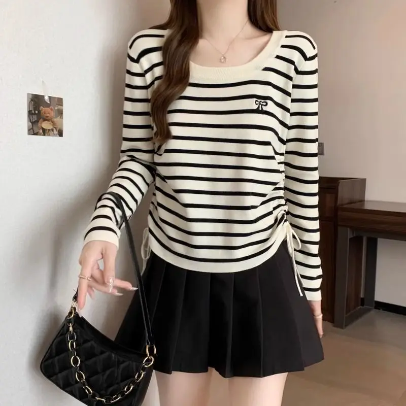 

Striped Contrasting Colors Pullovers Women's Clothing Fashion Drawstring Spring Autumn Long Sleeve Casual O-Neck Loose T-shirt