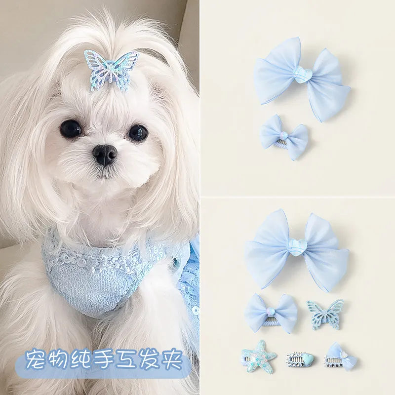 Simple Sweet Blue Series Puppy Hair Clips Grooming Supplies Cute Bow Butterfly BB Hairpins Hairwear for Puppy Dog Pet Accessory