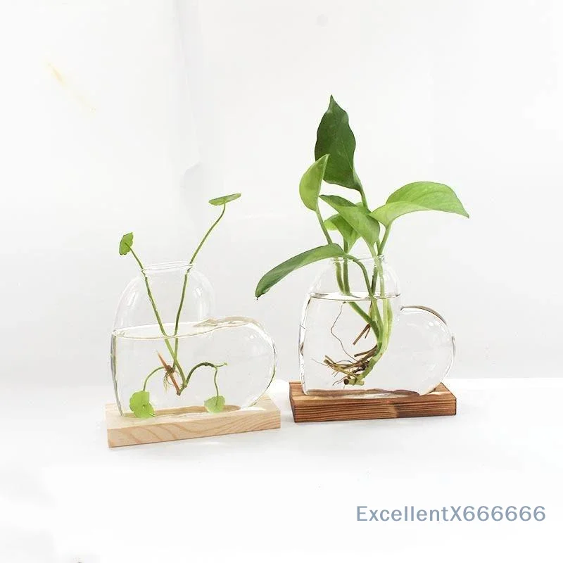 Transparent Hydroponic Glass Vase Wooden Stand Decorative Love Shaped Vase Minimalist Plant Propagation Station Living Room