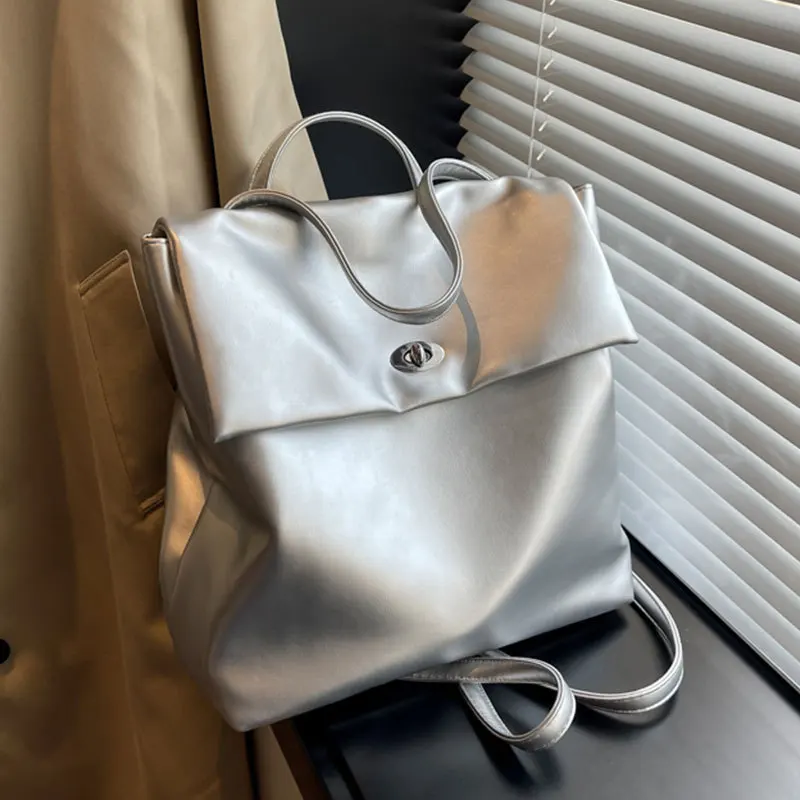 

Fashion Soft Women Backpacks Metallic Silver Designer Backpack Travel Shoulder Bags for Women 2023 Large Book Bag Female Handbag