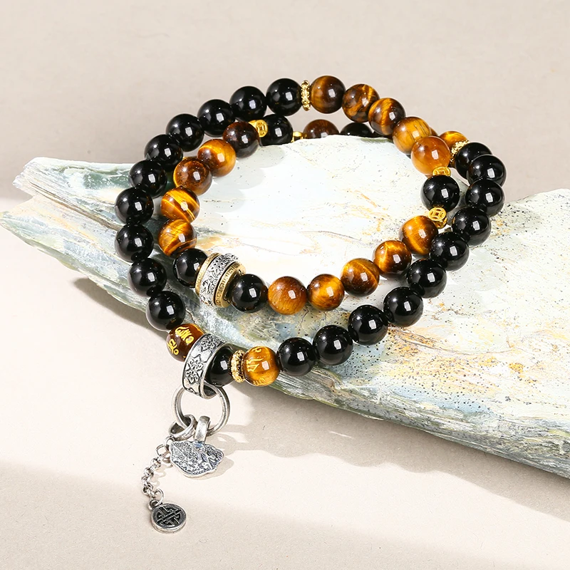 JD Natural Stone Yellow Tiger Eye Black Obsidian Health Energy Bracelet Women Men Vintage Charm Handmade Bangles Friendship Gift