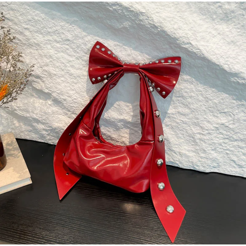 

Fashion Cute Bow Armpit Bag Female Personality Rivets Bag Sweet Cool Spice Girl Red Shoulder Bag Female Bag Two Ways Back Method