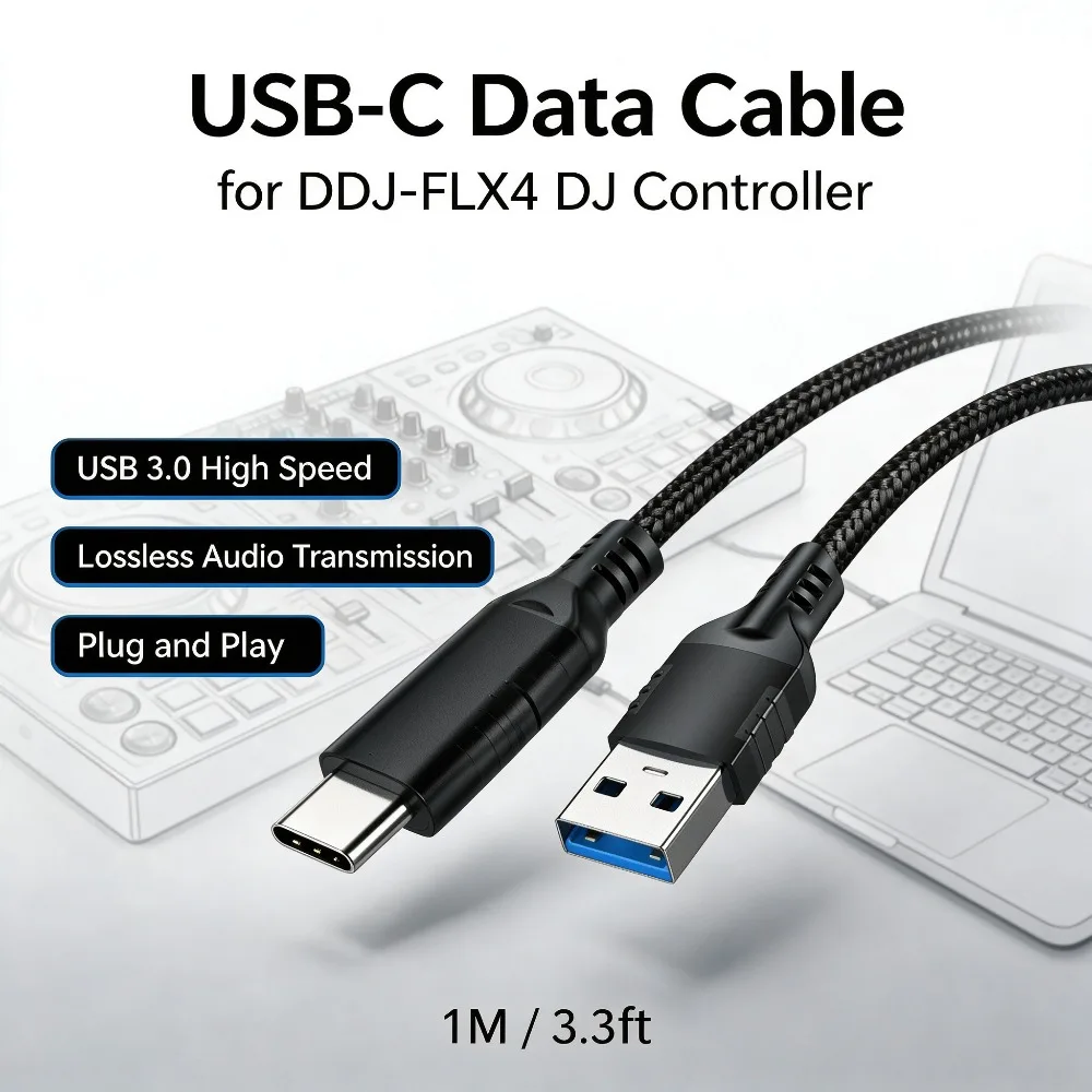 USB C Cable for DDJ-FLX4 DJ Controller USB A to Type C Data Cord Connect to Laptop High Speed Transfer Braided Durable