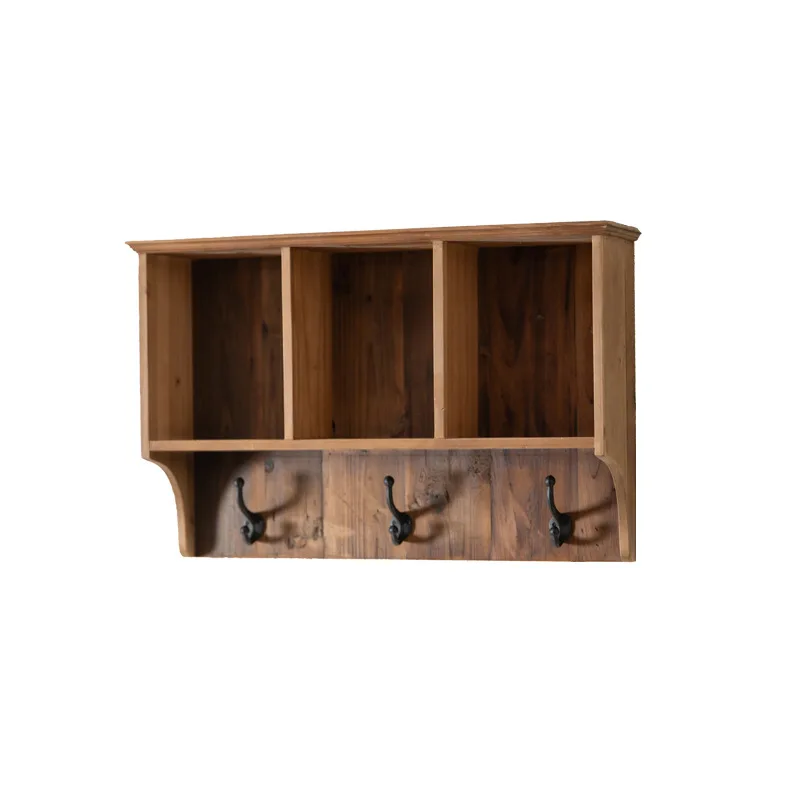 Wabi Sandy Wind Solid Wood Entrance Shelf Middle Antique Black Wall Hanging Hanging Cabinet Wall Succulent Flower Rack with Hook