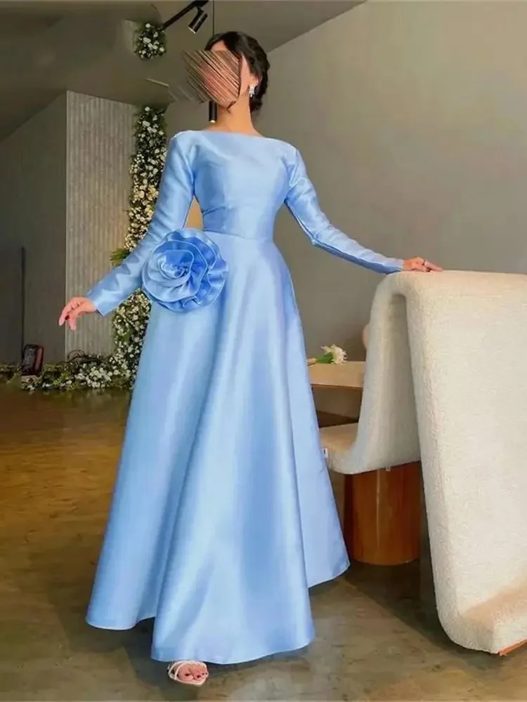 

Blue Satin Prom Dresses A-Line Long Sleeves O-Neck Ankle-Length Flower Formal Party Evening Gown For Women فساتين السه