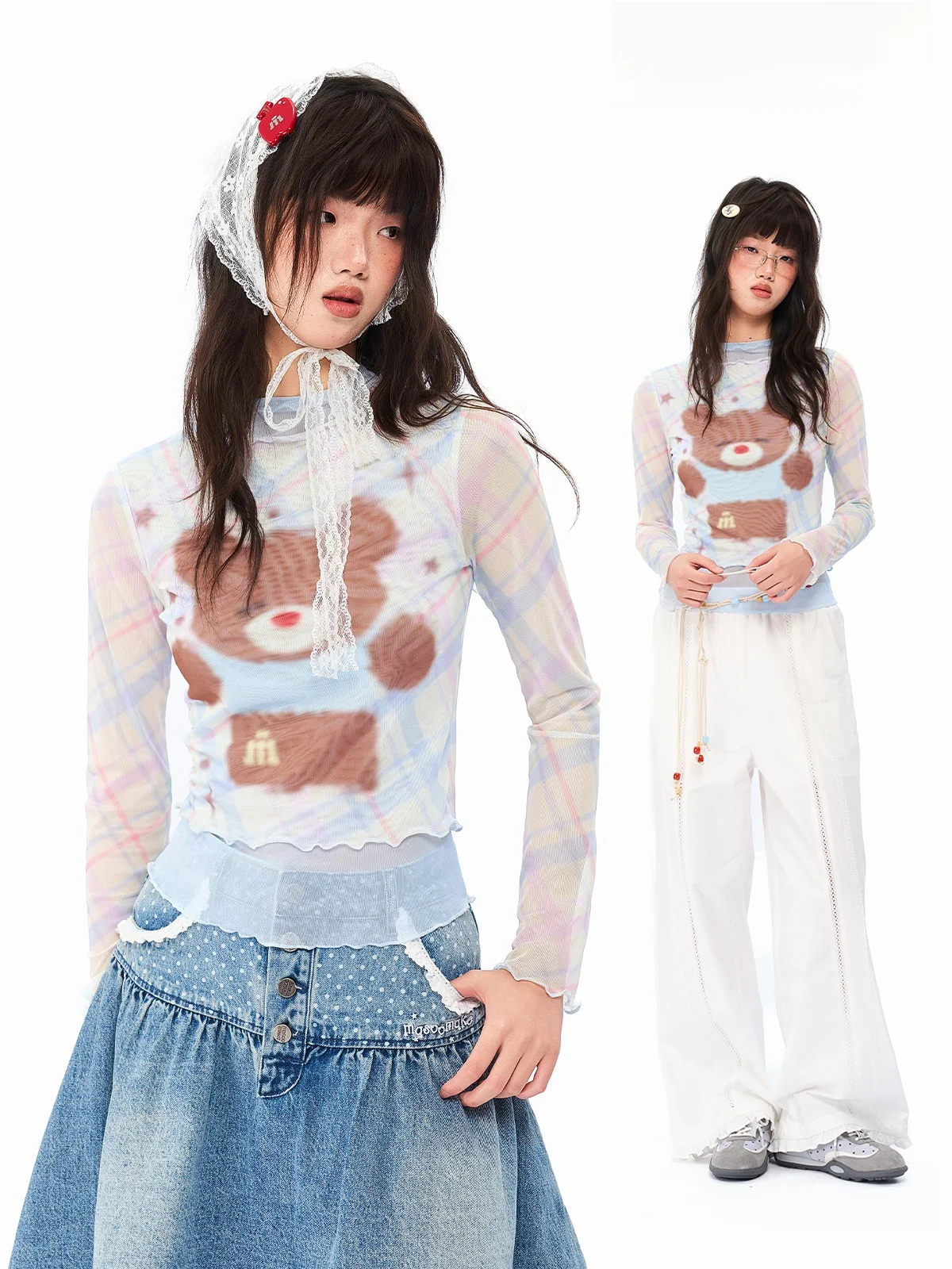 

MASOOMAKE Summer New Print Mesh Long Sleeve T-Shirt Slimming Sexy Girl Top Polyester Blend Comfortable round Neck Design
