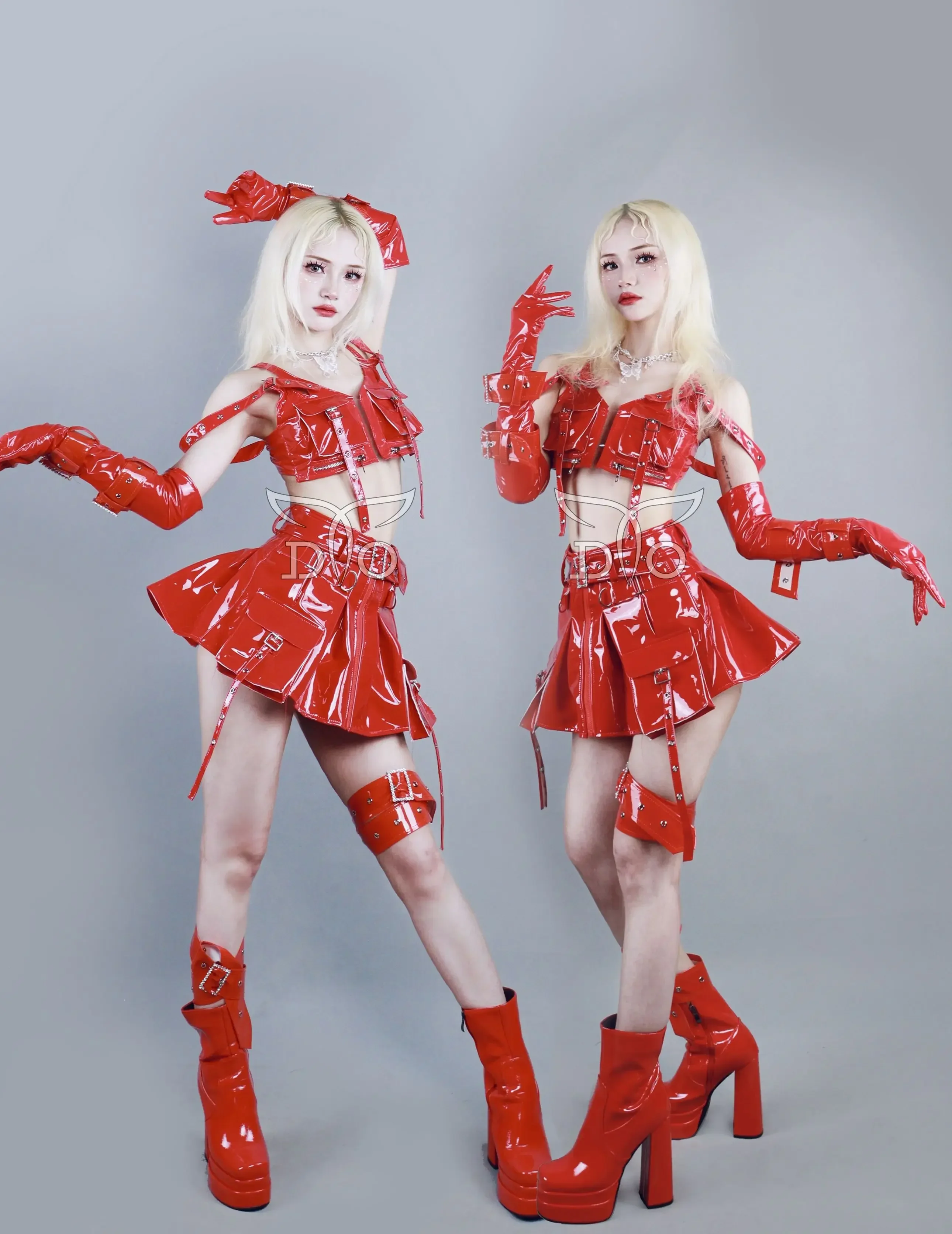 

2026 New Pink Red Leather Tops Mini Skirt Dance Outfits Jazz Performance Clothes Women Dancer Groups Bar Nightclub Dance Costume