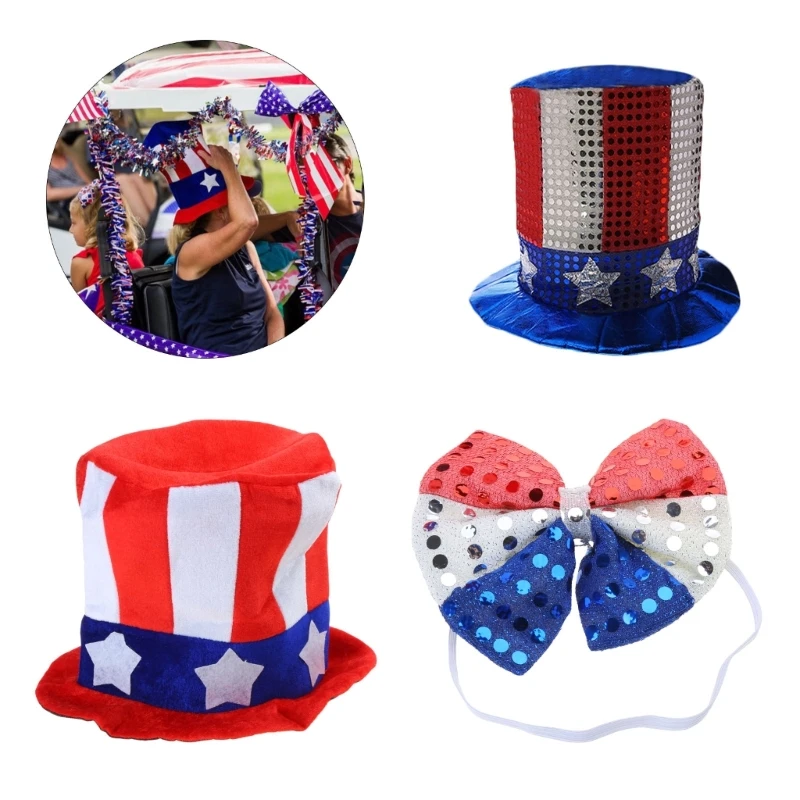 Cosplay Sequins Bowtie US Flags Top Hat Independence Day Show Vintage Hat Unisex Dropship