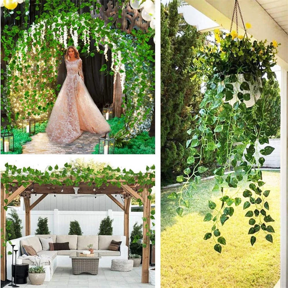 2.1M 12 Pcs Artificial Plant Green Ivy Leaf Garland Silk Wall Hanging Vine Home Garden Decoration Wedding Party Fake Leaves