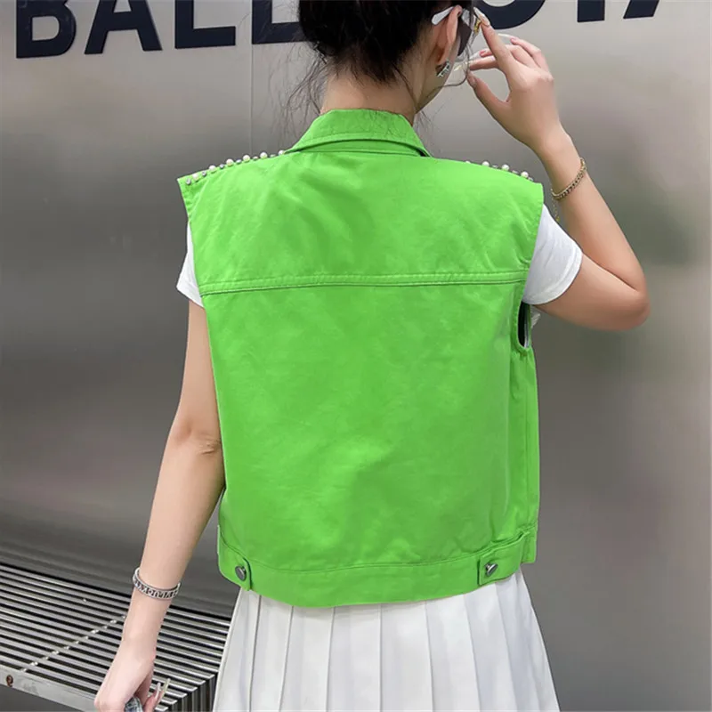 Summer Women Fashion Pearl Beaded Flowers Green Short Jeans Vest Casual Lapel Single-breasted Sleeveless Denim Waistcoat Female