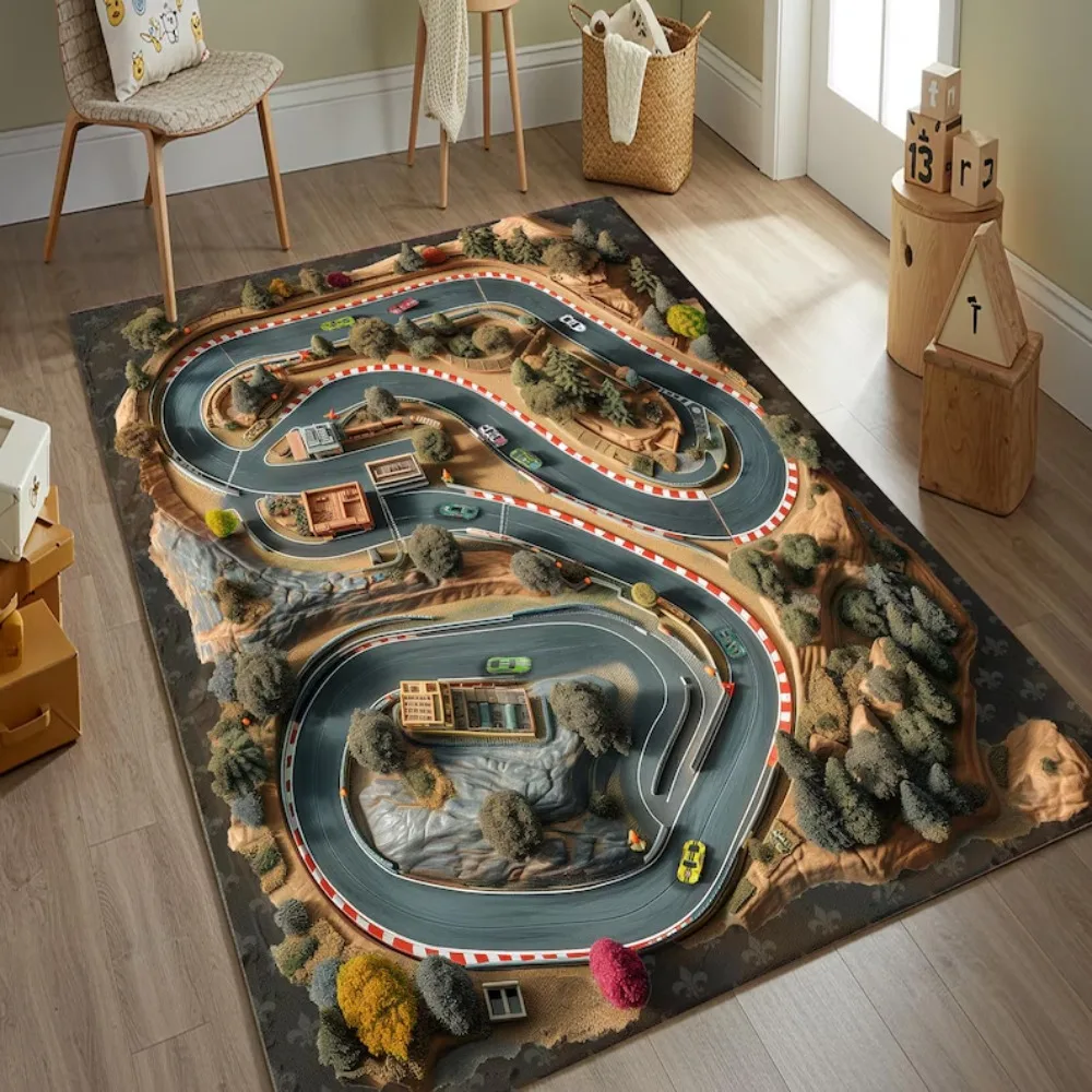 Kids Racing Track Carpet Mat Rug Home Decoration Car Theme Game Floor Area Rug Children Bedroom Playroom Sport Pattern Carpet
