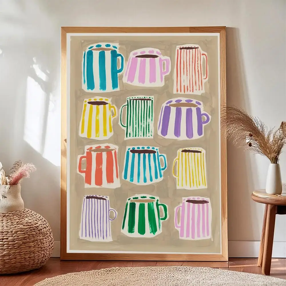 Colorful Coffee Cups HD Wall Art Poster Hand Painted Abstract Striped Cups Modern Kitchen Cafe Dining Room Home Decor Gift