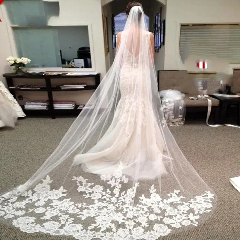 Voile de mariée blanc 3M avec peigne et bordure en dentelle, style cathédrale, pour mariage