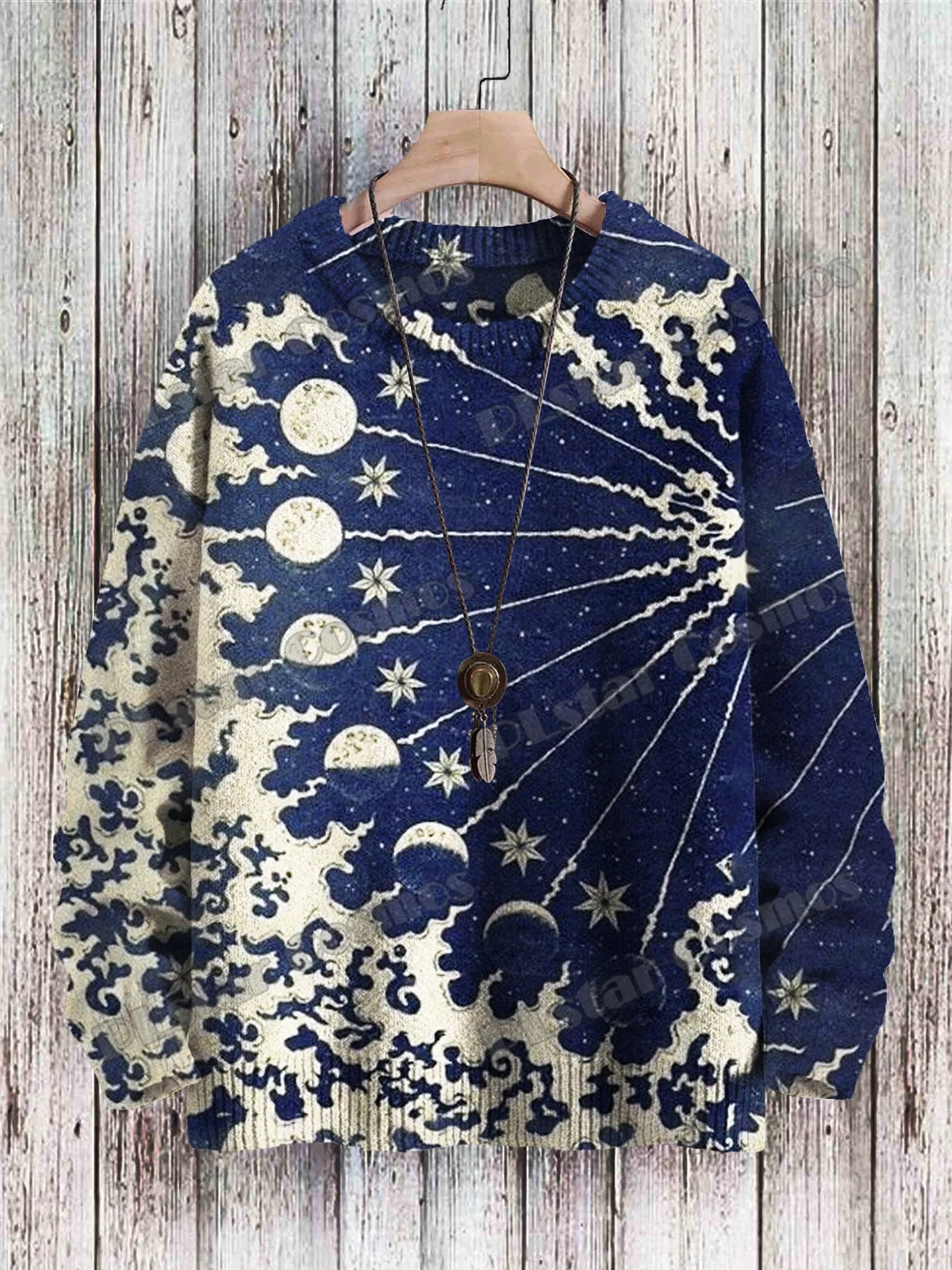 Halloween Vintage Ghost & Chief Hat Graphic 3D Printed Men's Knitted Pullover Winter Unisex Casual Knit Pullover Sweater ZZM64