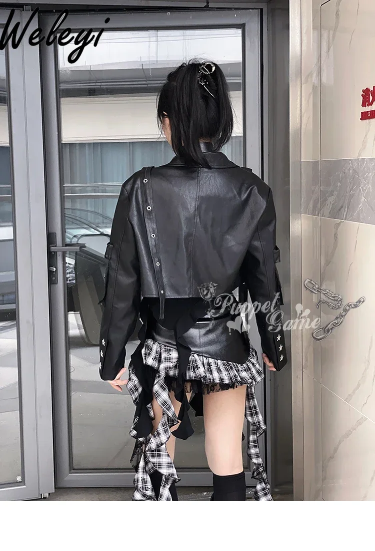 Punk Waist Hottie Skirt Sets Cool Fringed Top Autumn and Winter New Black Leather Jacket Women Printed Plaid Splicing Hip Skirt