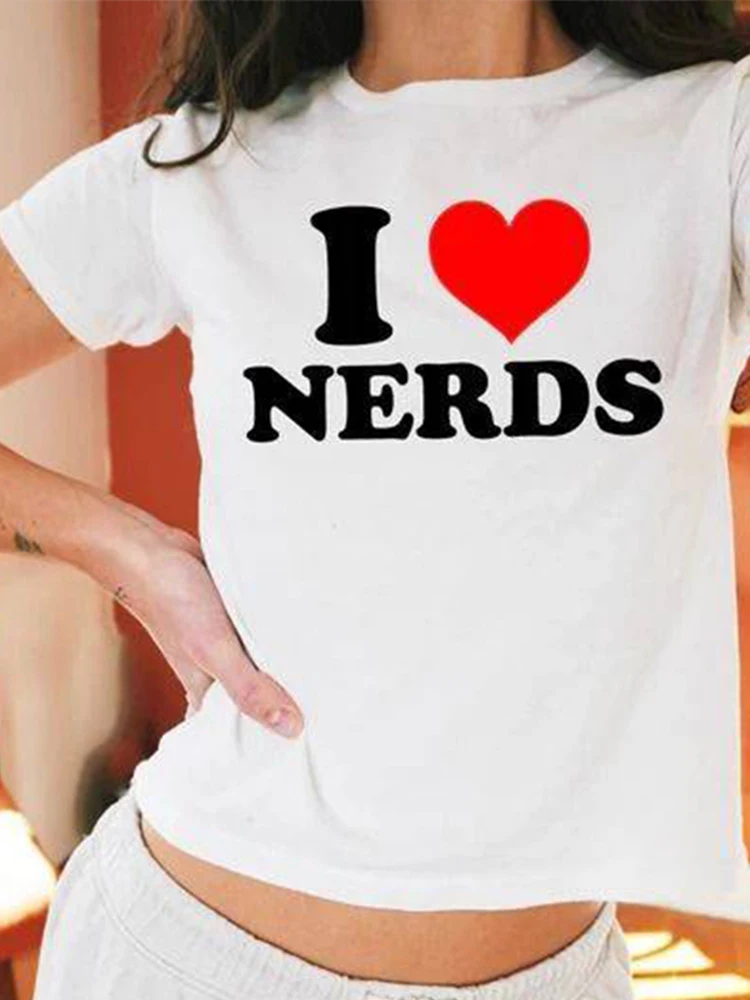 I LOVE NERDS Women Y2K Crop Top Baby Tee Funny 90s Slogan Text T-Shirt Fashion Cute Letter Print Baby T Shirt Streetwear